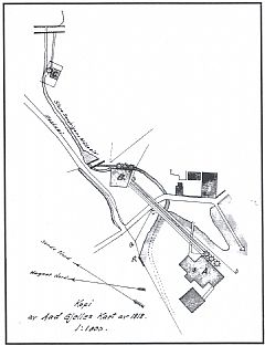 A: Storemøllen, B: Midtmøllen (dagens møllemuseum) C: Grynmøllen (ved dagens bomstasjon). Dammen i øvre venstre hjørne er stedet for dagens parkeringsplass ved Sandvikens Sykehus. Fra